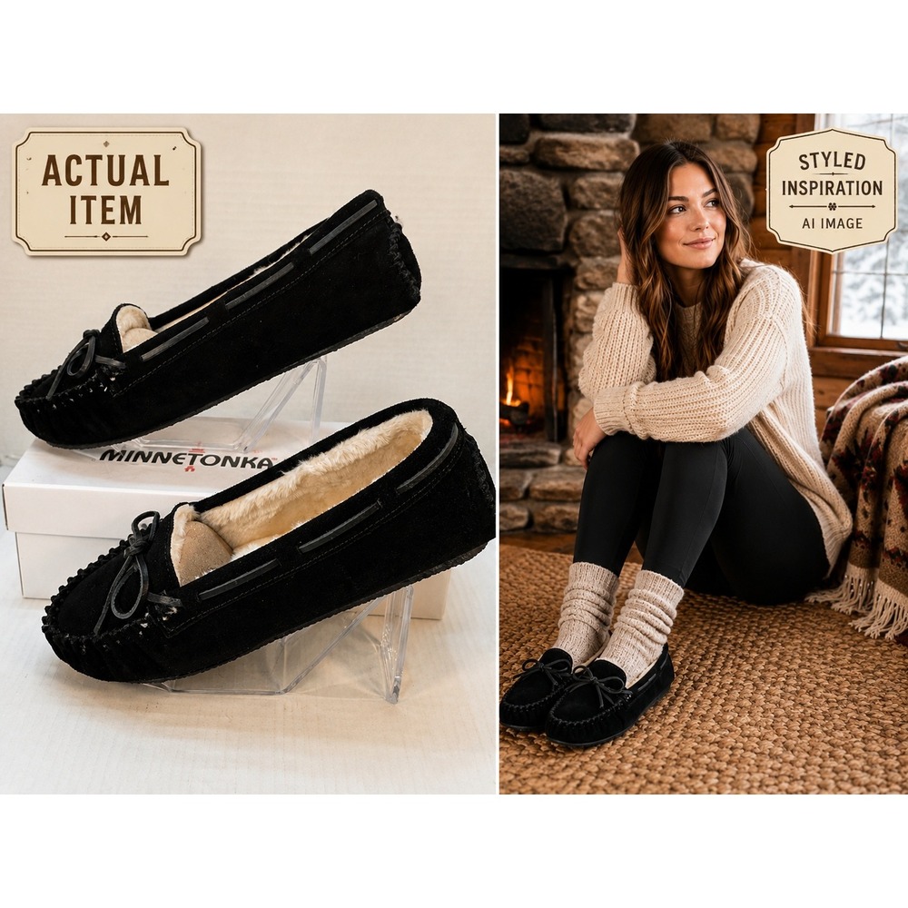 Minnetonka Cally Moccasin Slippers Womens Suede Faux Fur Black 10W NWOB Cozycore